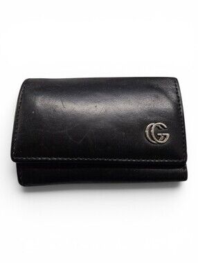 Gucci Leather Key Holder Compact Wallet In Black with Silver GG Monogram Logo